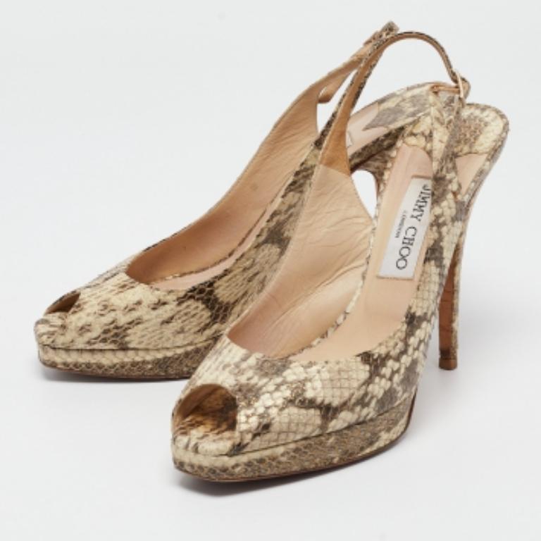 Jimmy Choo Beige Pitone Embossed Leather Slingback Peep Toe Pumps Taglia 39.5 in vendita 4