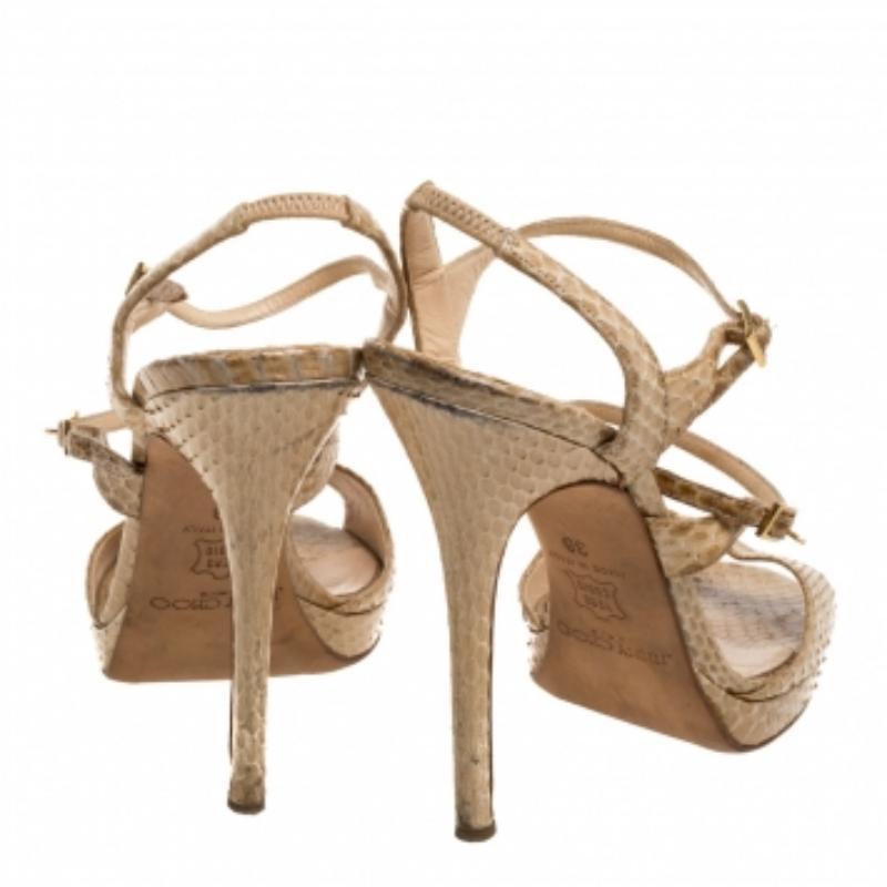 Women's Jimmy Choo Beige Python Leather Open Toe Ankle Strap Sandals Size 38 For Sale
