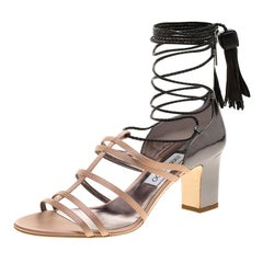 Jimmy Choo Beige Satin and Metallic Leather Diamond Ankle Tie Up Sandals Size 40