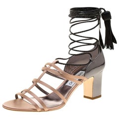 Jimmy Choo Beige Satin and Metallic Leather Diamond Tie Up Block Heel Sandals Si