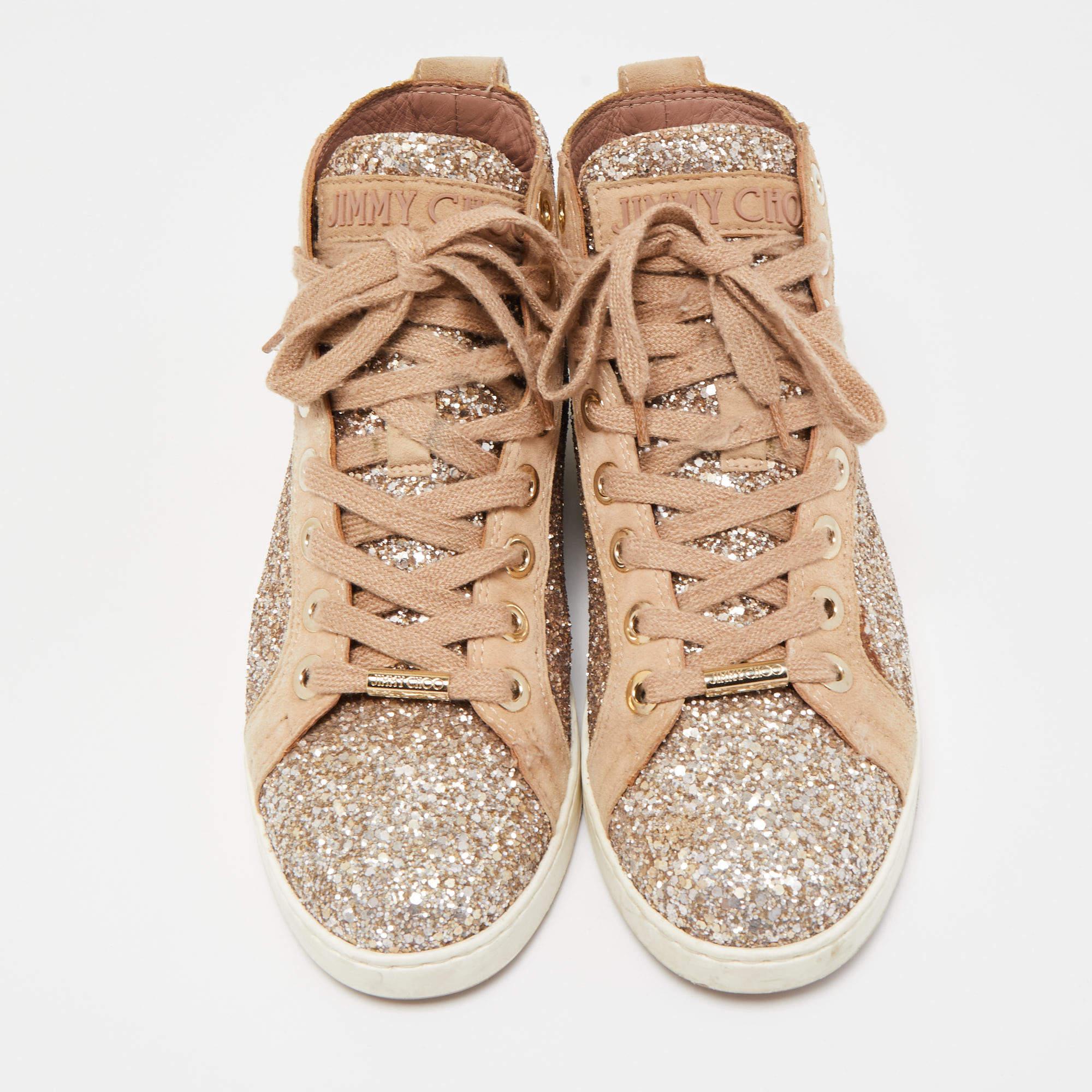 Women's Jimmy Choo Beige/Silver Glitter and Suede High Top Sneakers Size 38