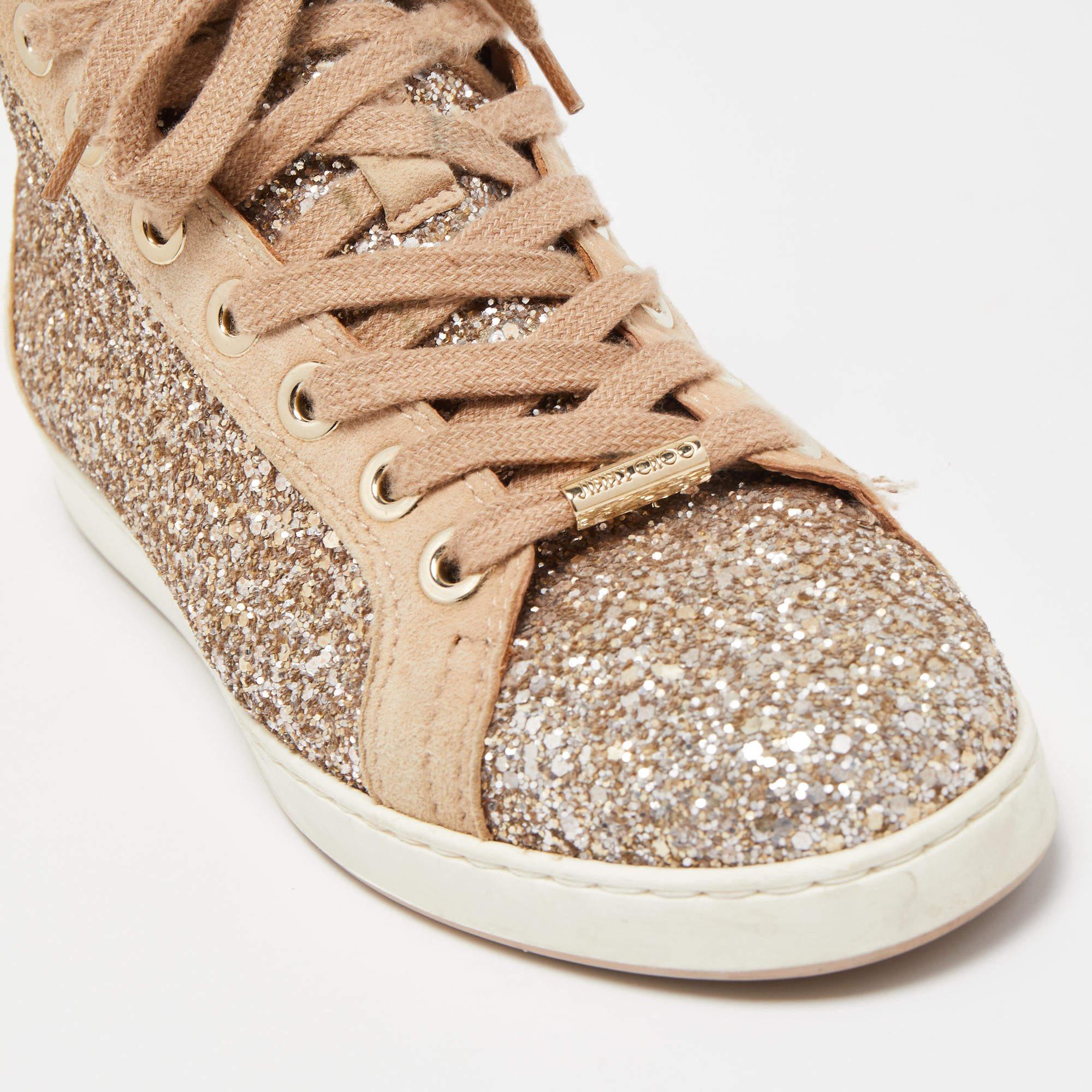 Jimmy Choo Beige/Silver Glitter and Suede High Top Sneakers Size 38 3