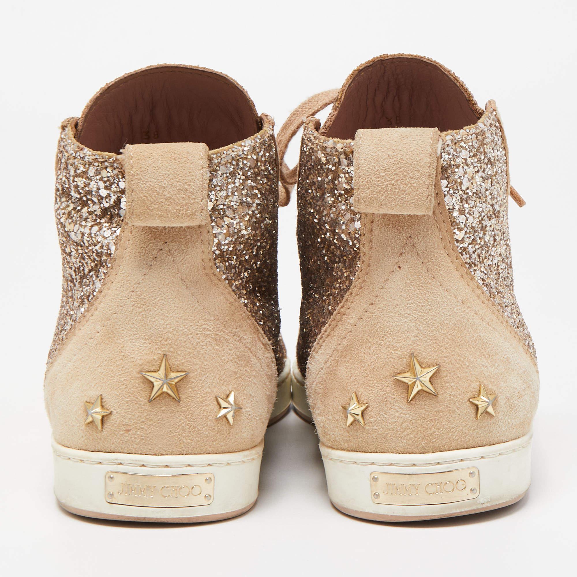 Jimmy Choo Beige/Silver Glitter and Suede High Top Sneakers Size 38 4