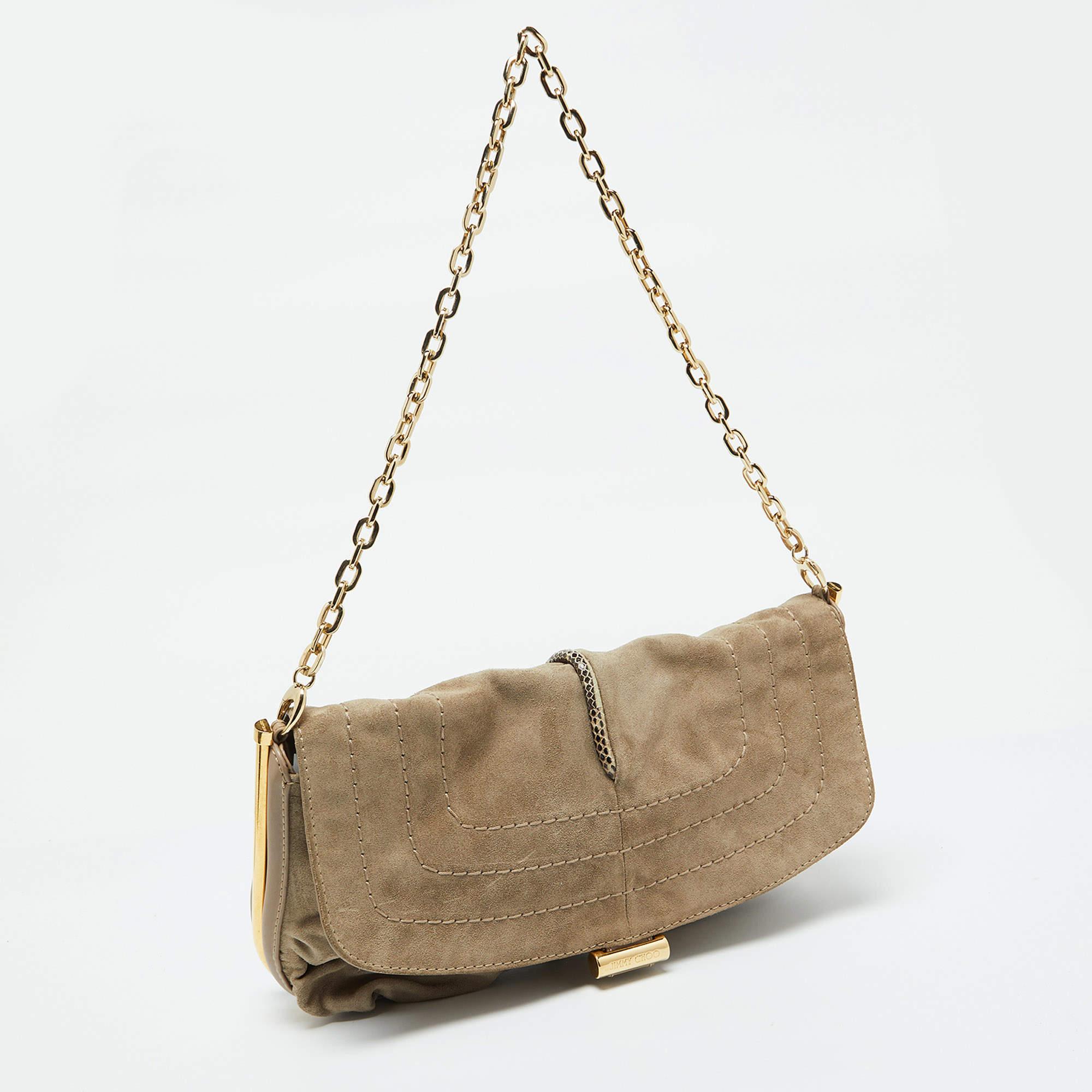 Jimmy Choo Beige Suede and Leather Flap Shoulder Bag In Good Condition For Sale In Dubai, Al Qouz 2