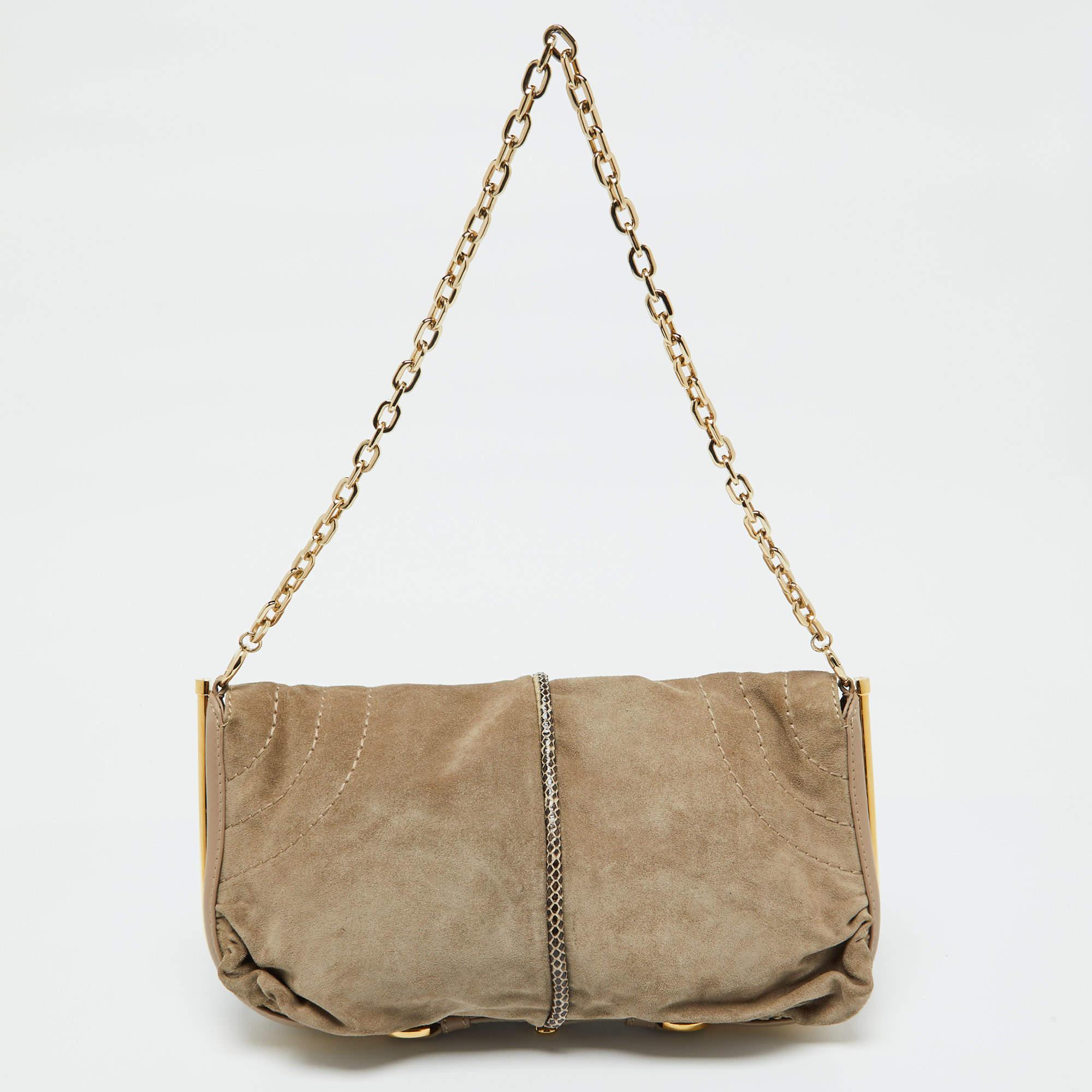 Women's Jimmy Choo Beige Suede and Leather Flap Shoulder Bag For Sale