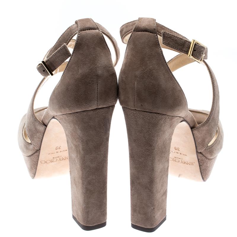 Jimmy Choo Beige Suede April Cross Strap Platform Block Heel Sandals Size 39 In Excellent Condition In Dubai, Al Qouz 2