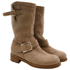 Jimmy Choo Beige Suede Biker Ankle Boots - Size EU 34.5