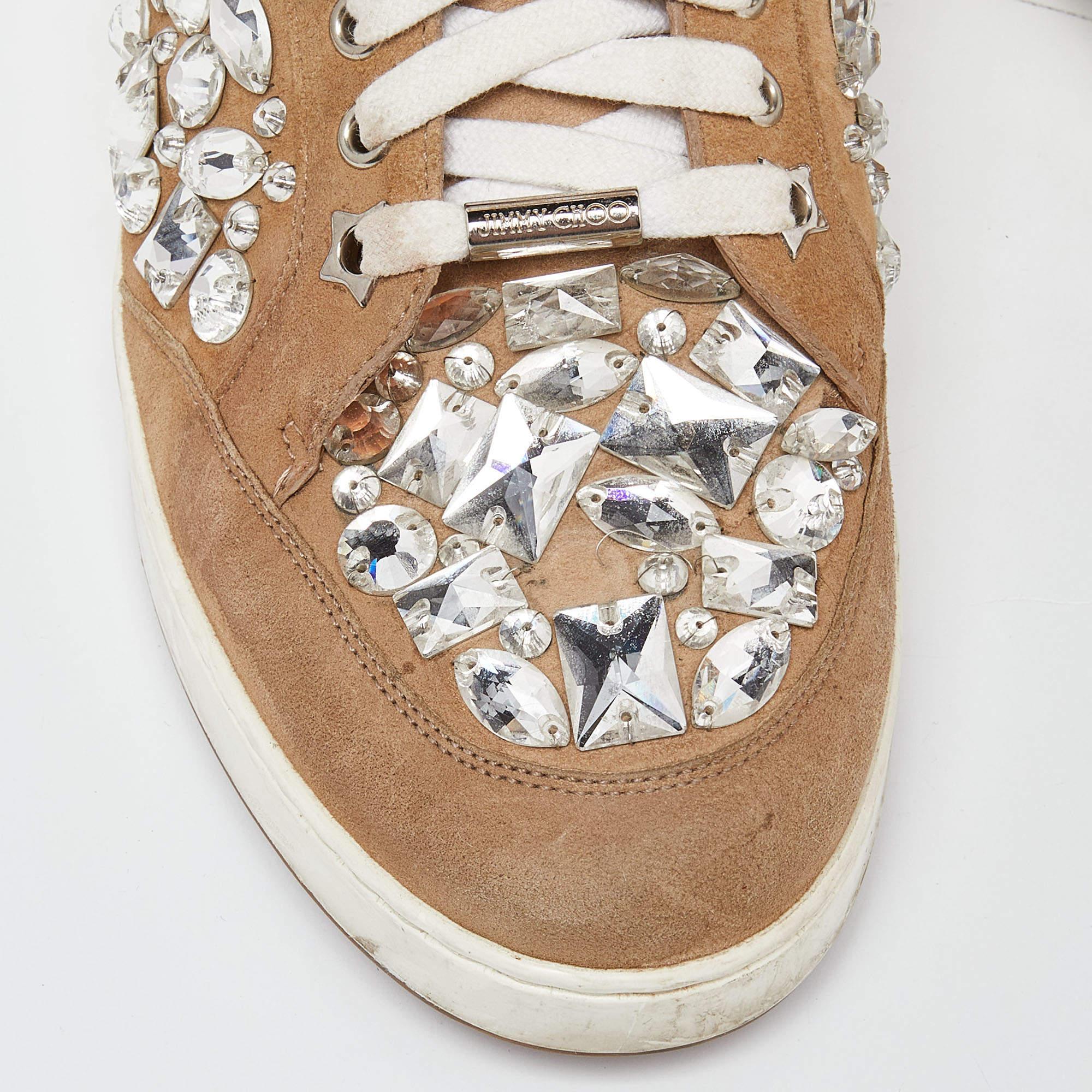 Women's Jimmy Choo Beige Suede Miami Crystal Embellished Sneakers Size 41 For Sale