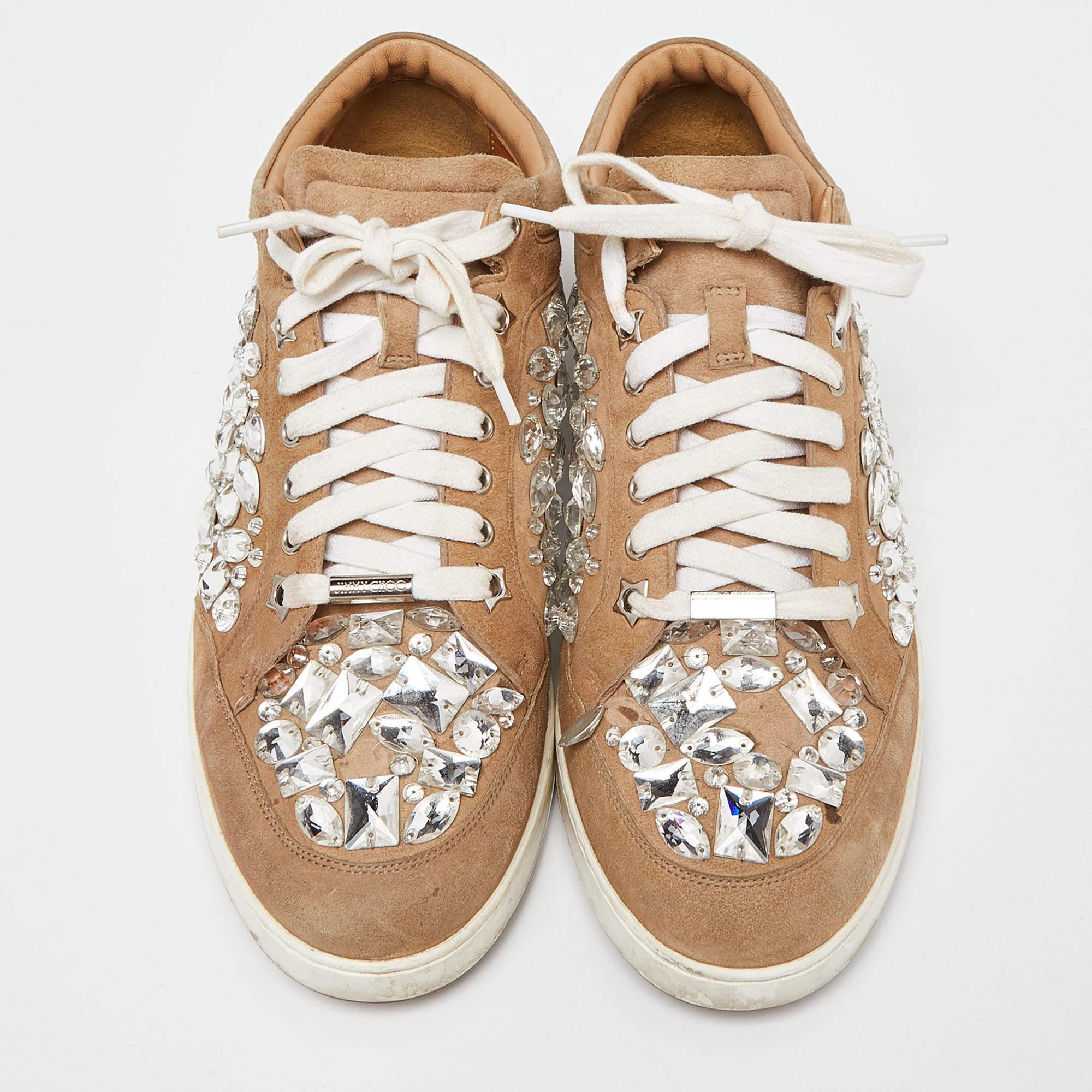 Jimmy Choo Beige Suede Miami Crystal Embellished Sneakers Size 41 For Sale 1