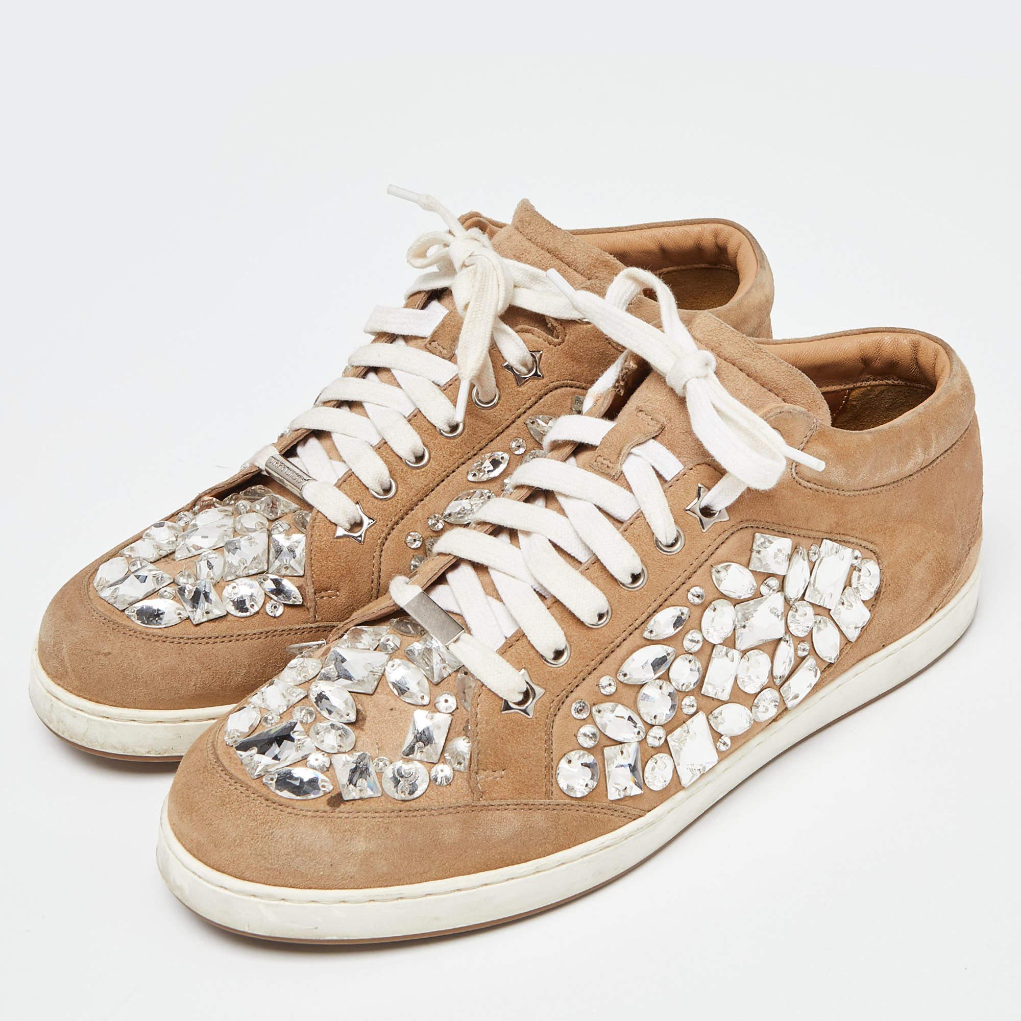 Jimmy Choo Beige Suede Miami Crystal Embellished Sneakers Size 41 For Sale 2
