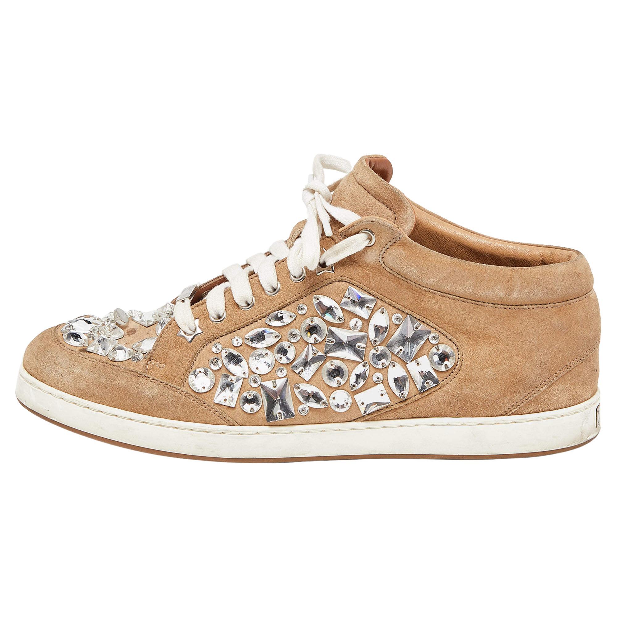 Jimmy Choo Beige Suede Miami Crystal Embellished Sneakers Size 41 For Sale