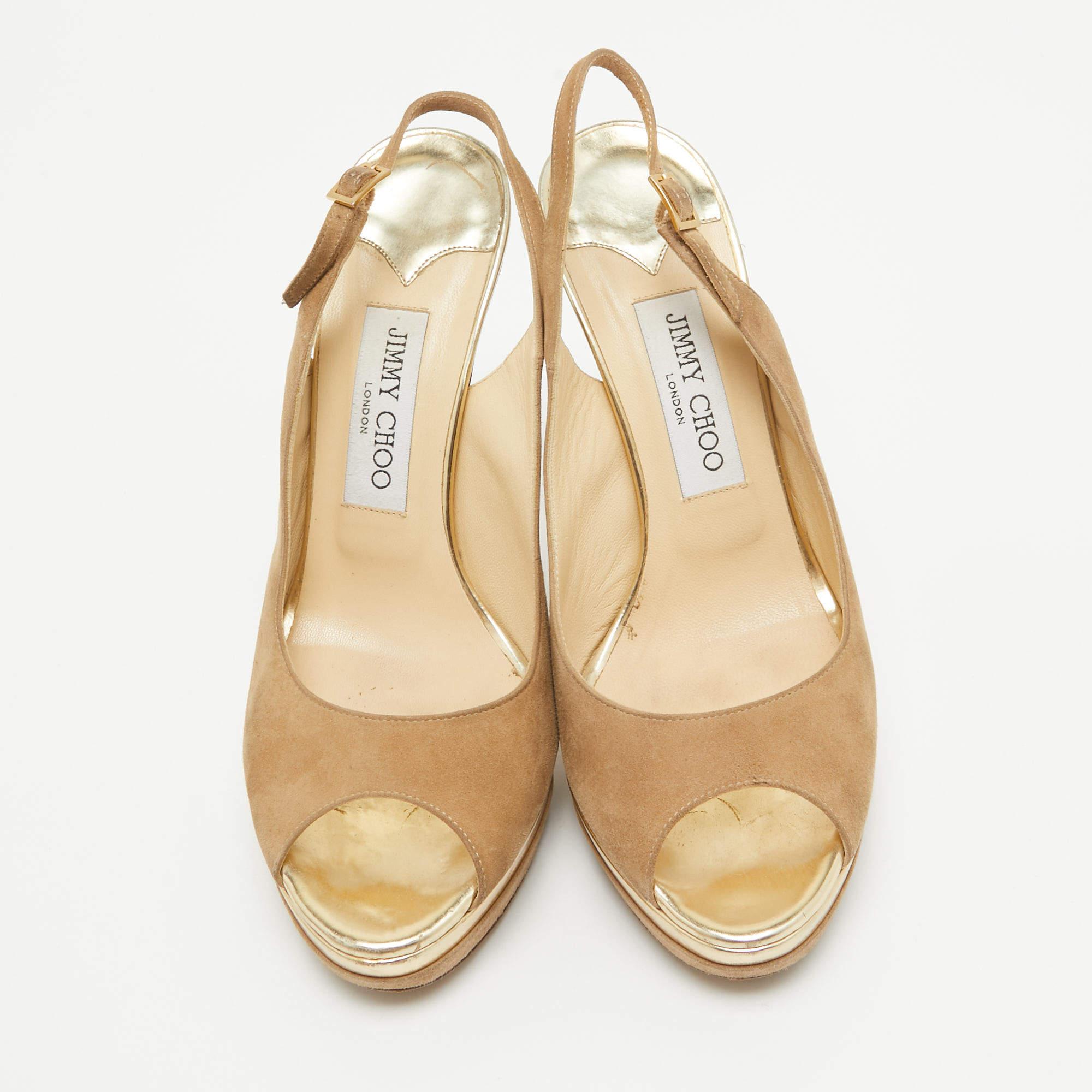 Jimmy Choo Beige in pelle scamosciata, Sandali con Piattaforma a Punta Aperta Taglia 39 In condizioni buone in vendita a Dubai, Al Qouz 2