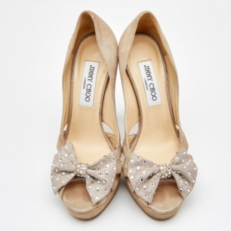 Jimmy Choo Beige Suede Talva Crystal Bow Peep Toe Platform Pumps Size 37 For Sale 3