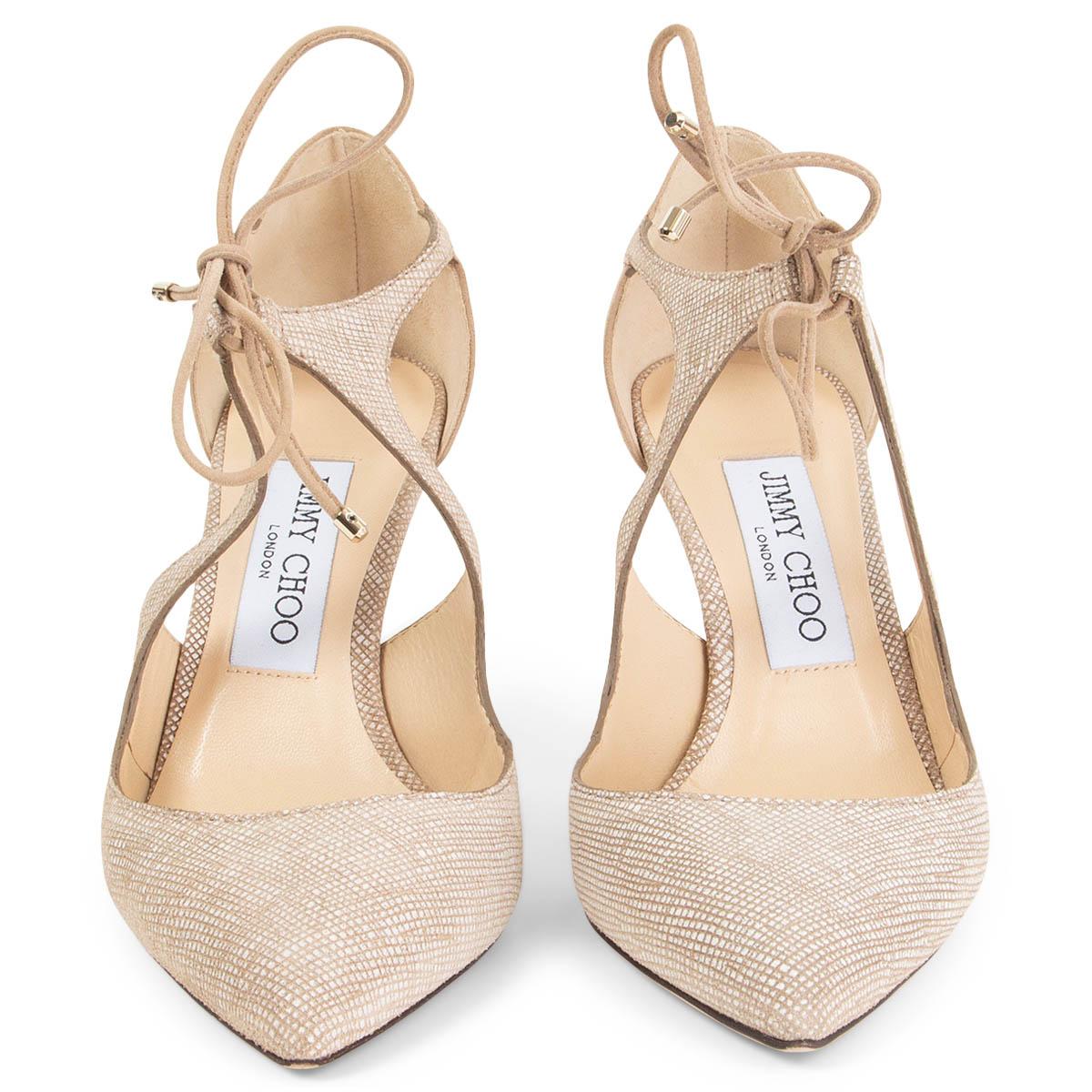 100% authentic Jimmy Choo Vanessa 85 pumps in beige and off-white textured suede with elegant cut-outs and lace-up fastening detail. Have been worn once and are in virtually new condition. 

Measurements
Imprinted Size	36
Shoe Size	36
Inside