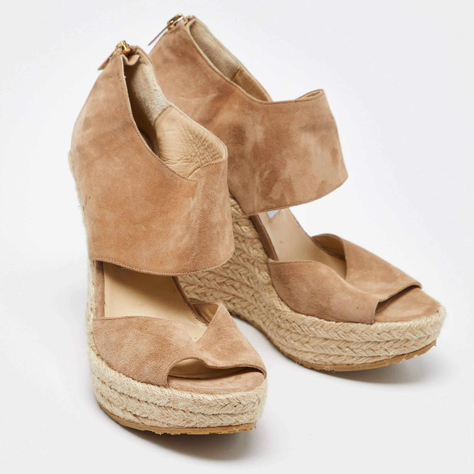 Women's Jimmy Choo Beige Suede Wedge Espadrille Ankle Strap Sandals Size 38.5 For Sale