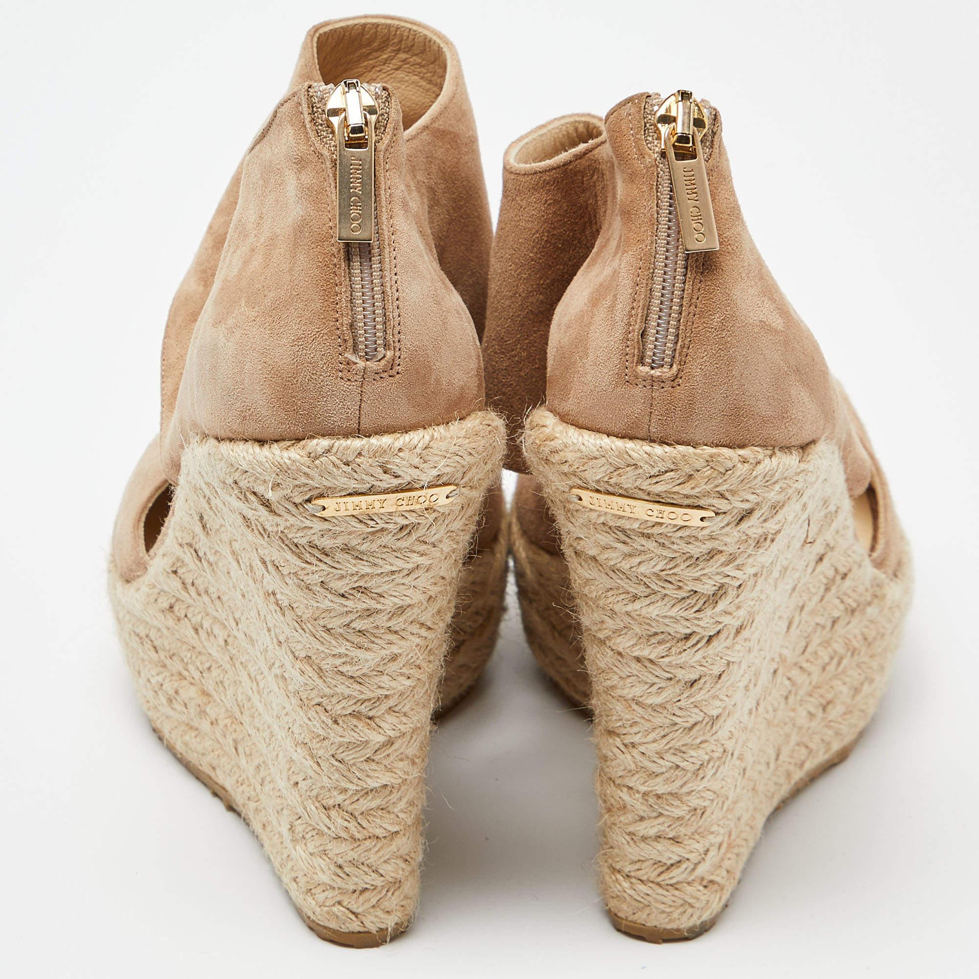 Jimmy Choo Beige Suede Wedge Espadrille Ankle Strap Sandals Size 38.5 For Sale 1