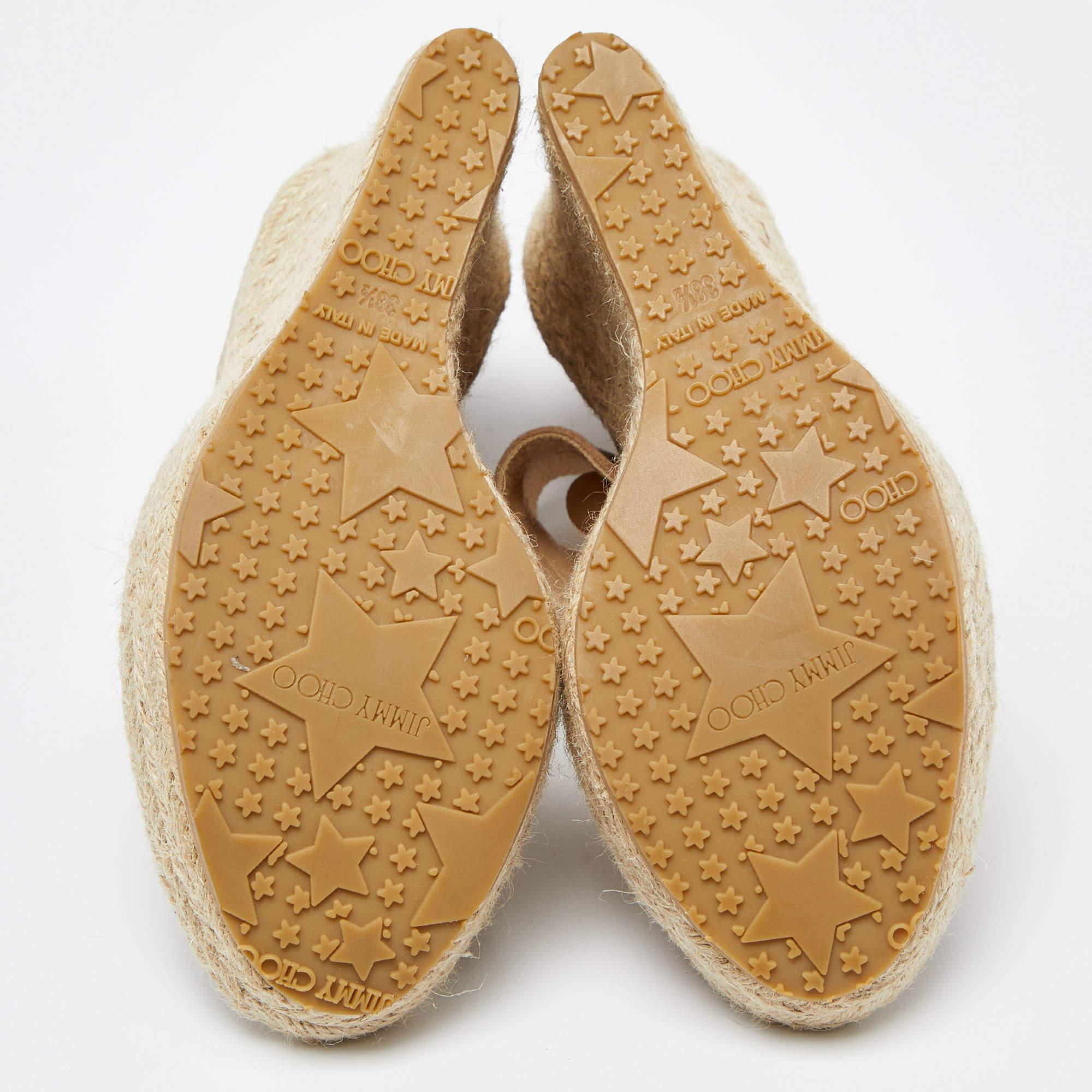 Jimmy Choo Beige Suede Wedge Espadrille Ankle Strap Sandals Size 38.5 For Sale 2