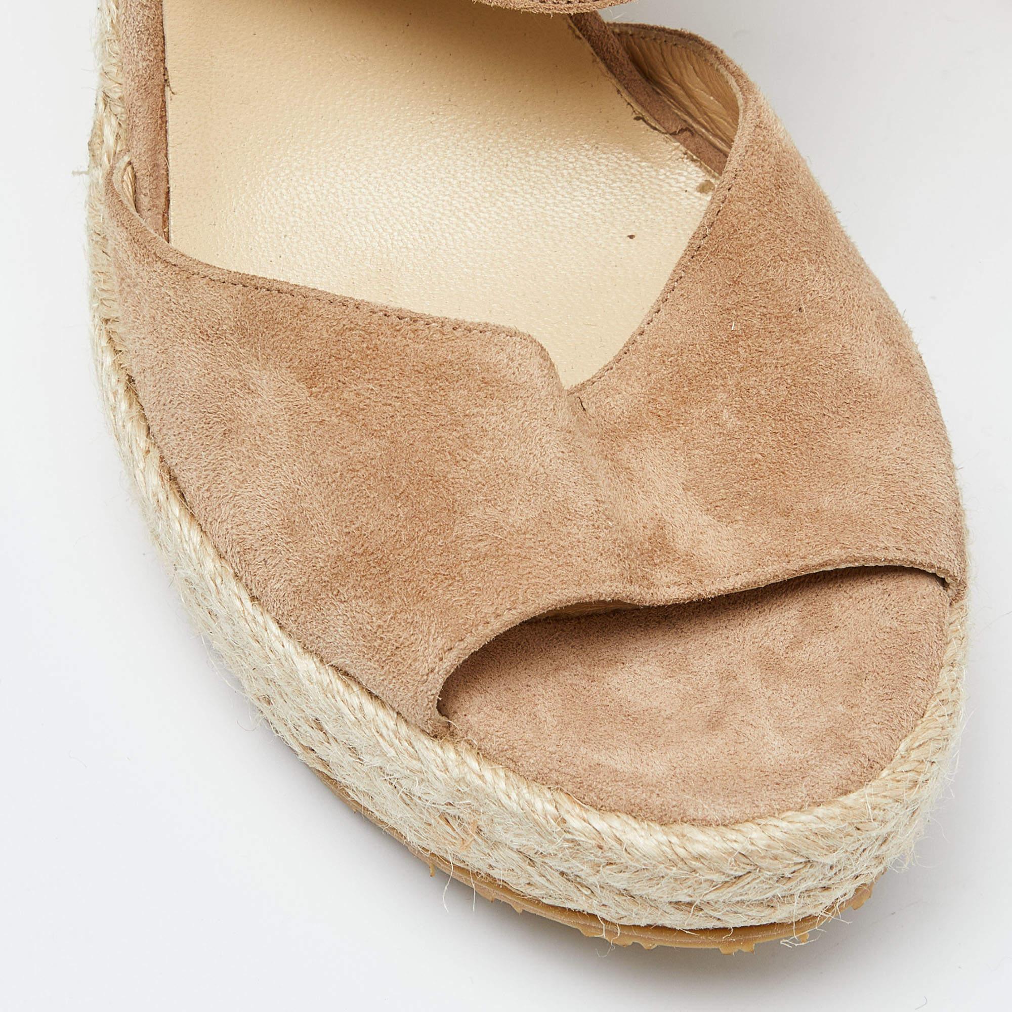 Jimmy Choo Beige Suede Wedge Espadrille Ankle Strap Sandals Size 38.5 For Sale 3