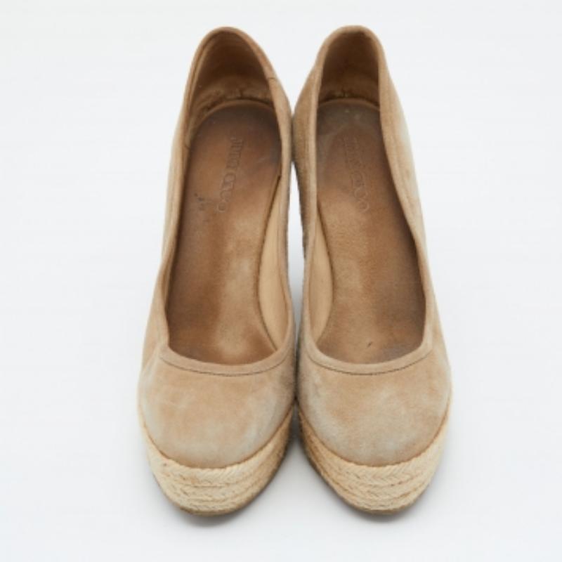 Women's Jimmy Choo Beige Suede Wedge Platform Pumps Size 38.5 For Sale