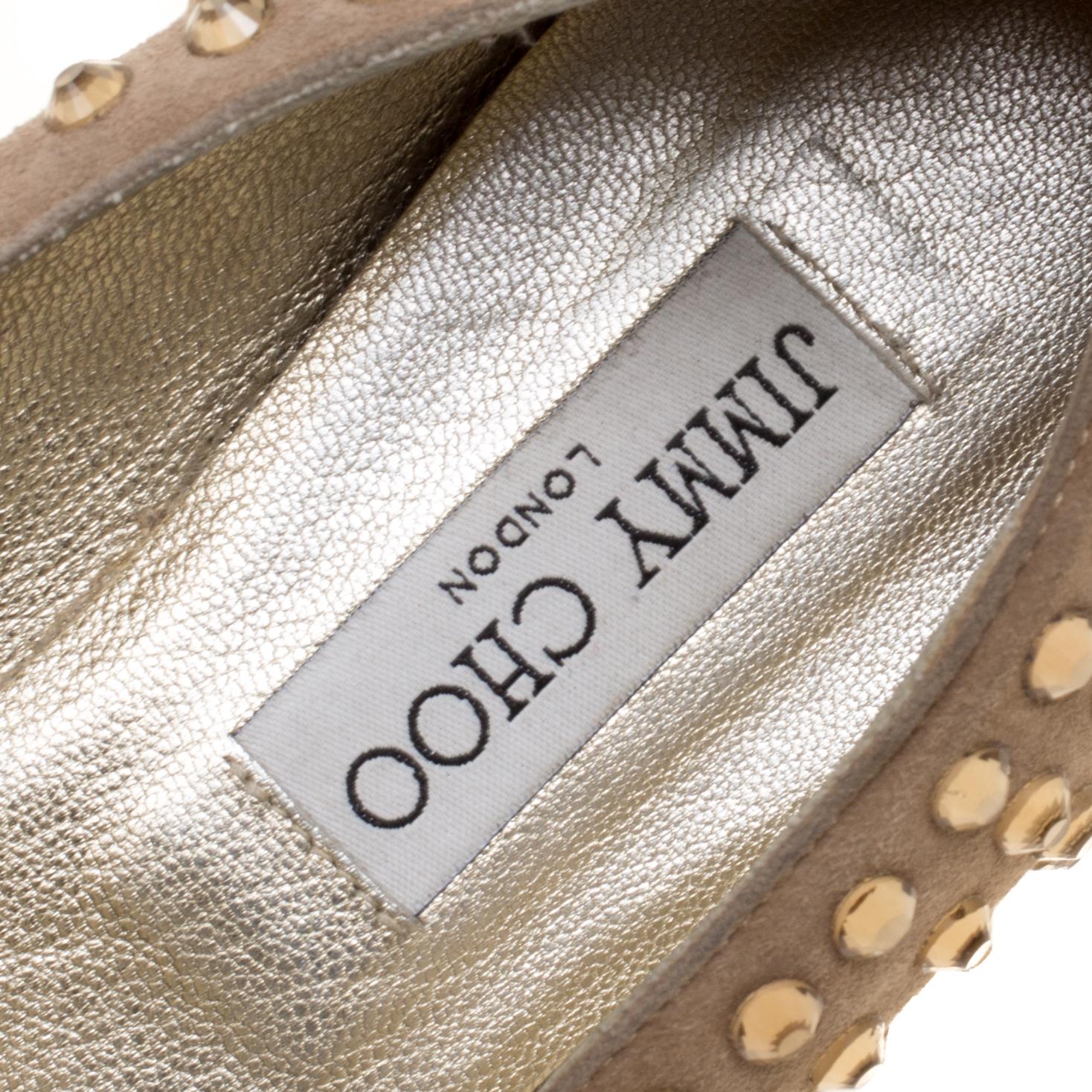 Jimmy Choo Zapatillas de fumar de ante beige con tachuelas de cristal talla 38.5 1