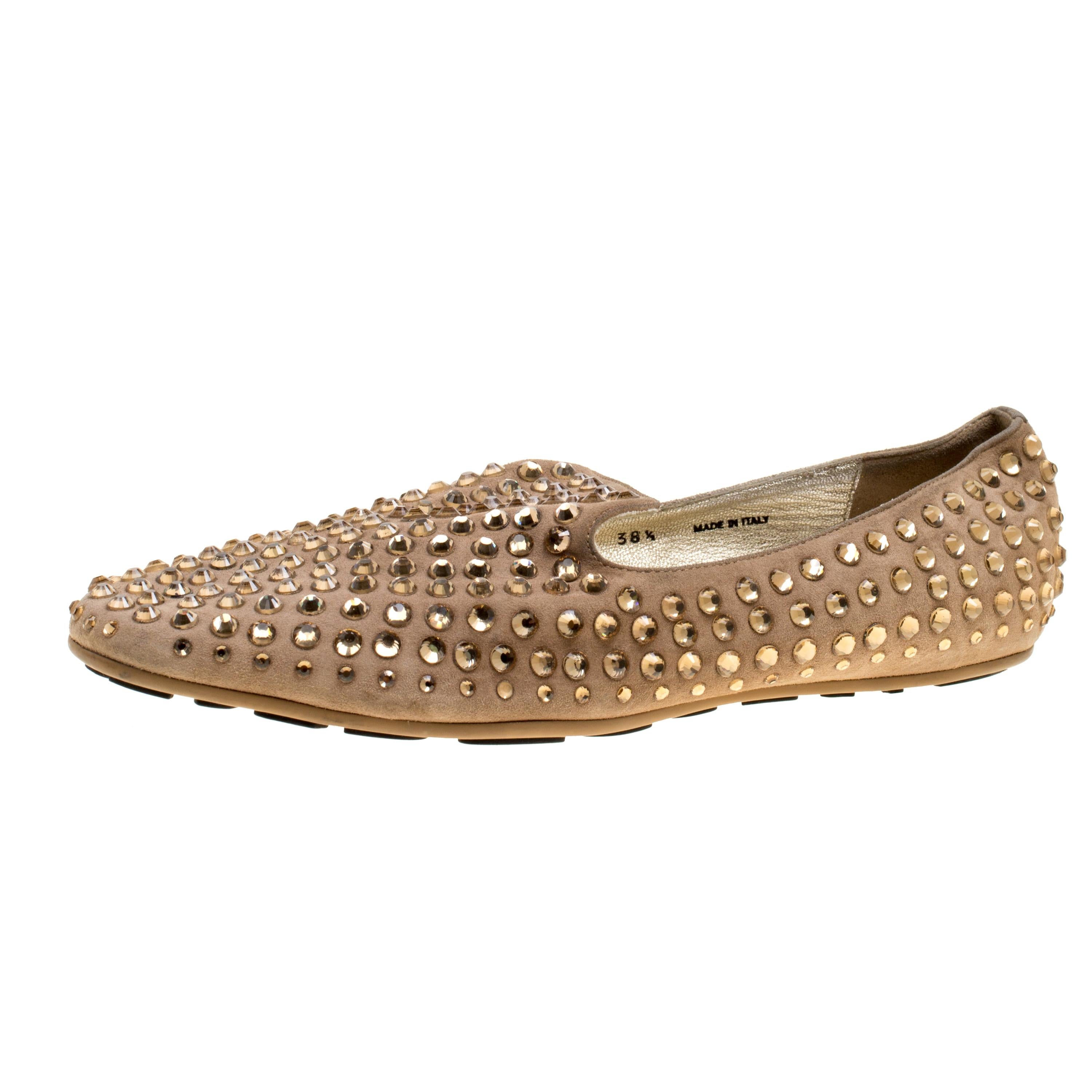 Jimmy Choo Beige Suede Wheel Crystal Studded Smoking Slippers Size 38.5 For Sale