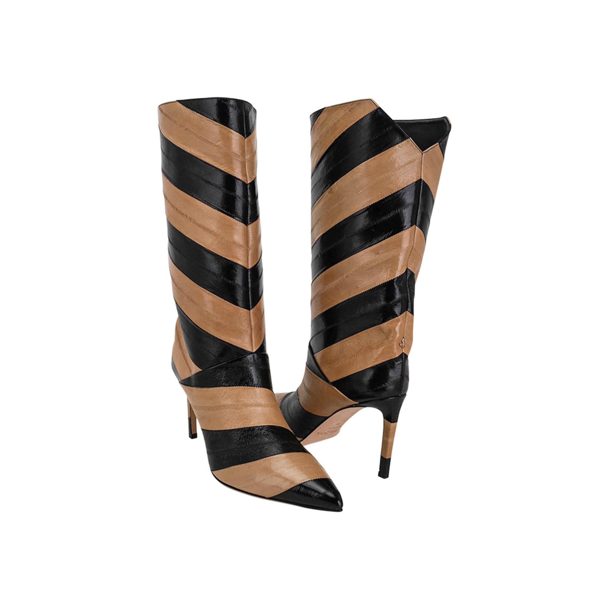 Brown Jimmy Choo Beren Boot Eel Skin Striped Black and Cognac 38 For Sale