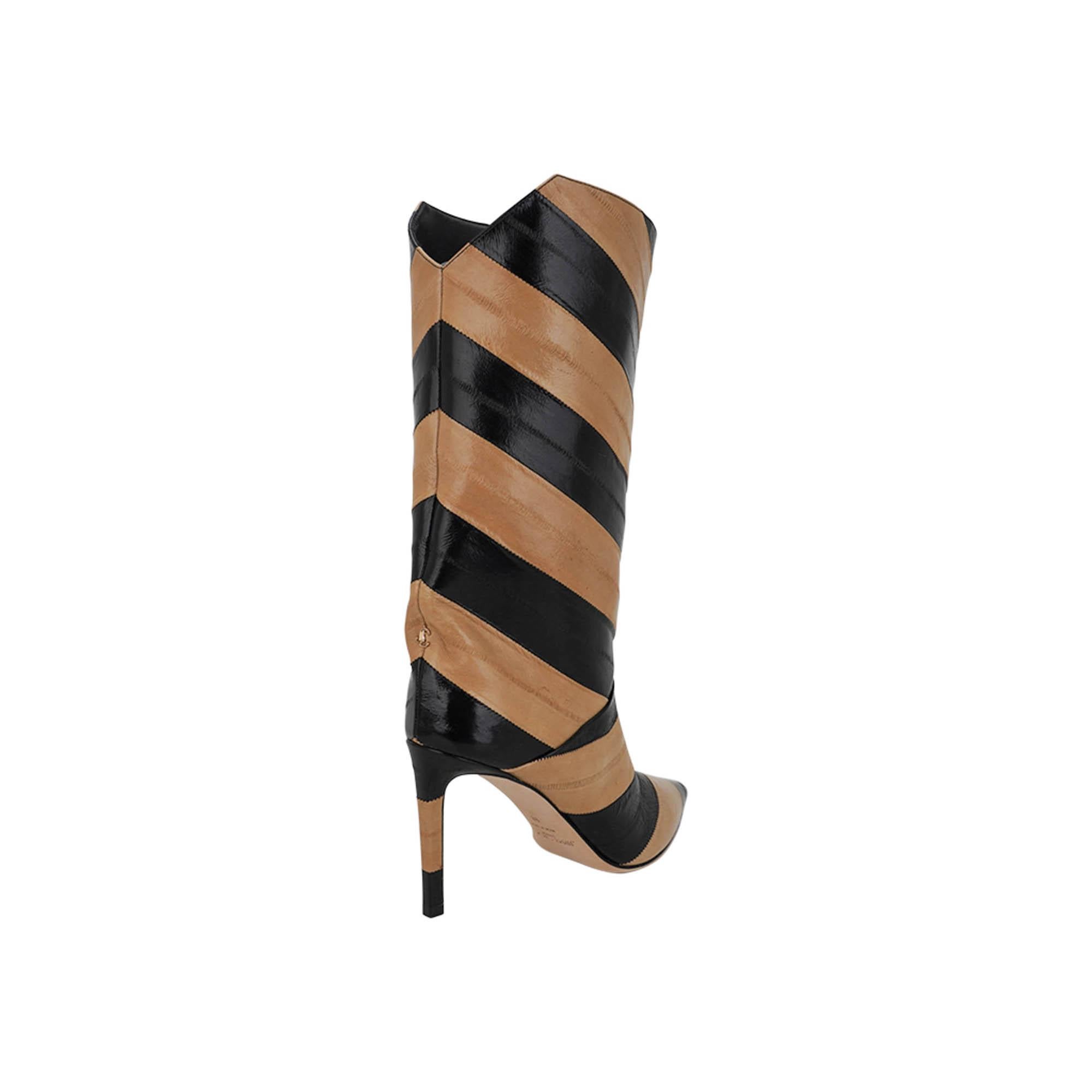 Jimmy Choo Beren Boot Eel Skin Striped Black and Cognac 38 In New Condition For Sale In Miami, FL