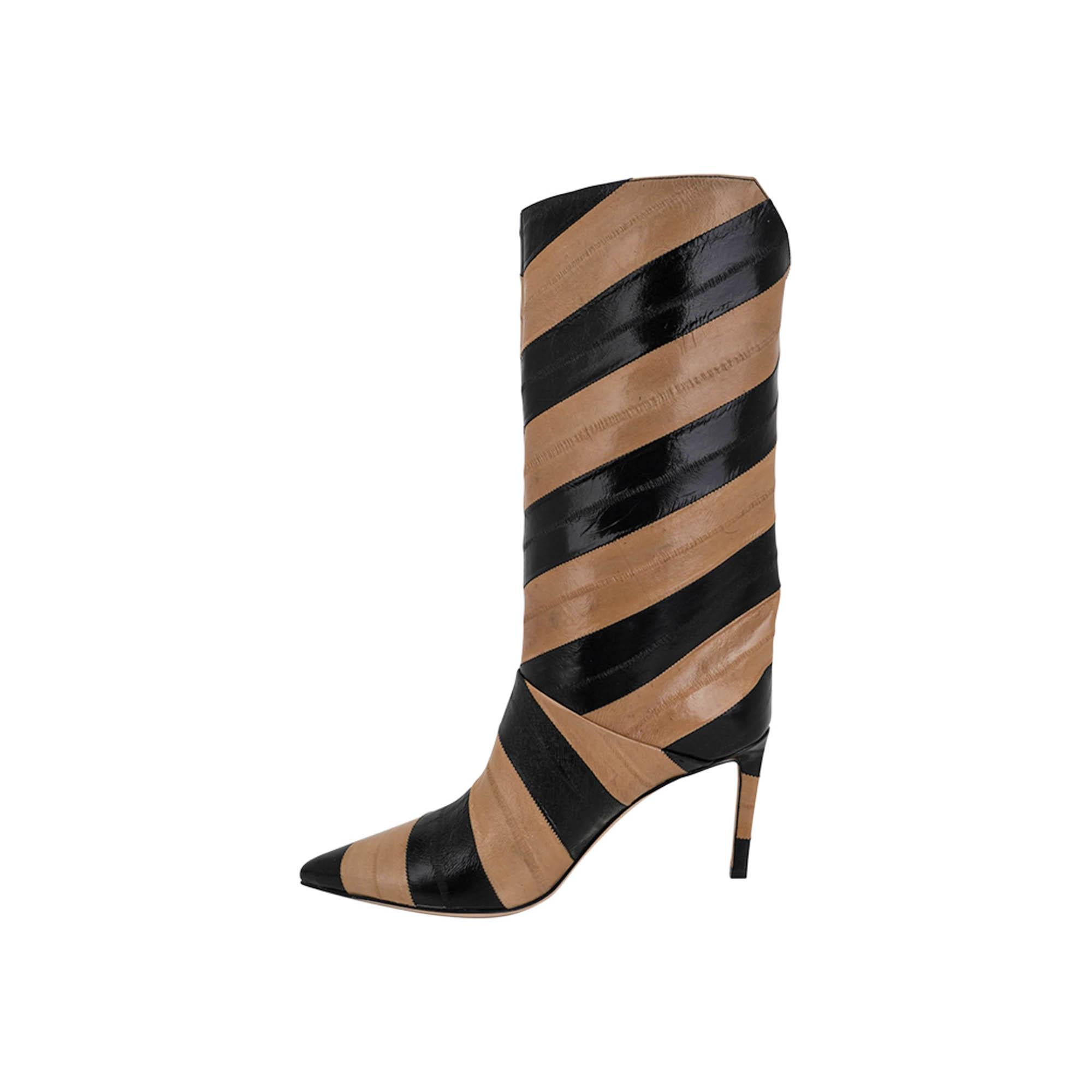 Women's Jimmy Choo Beren Boot Eel Skin Striped Black and Cognac 38 For Sale