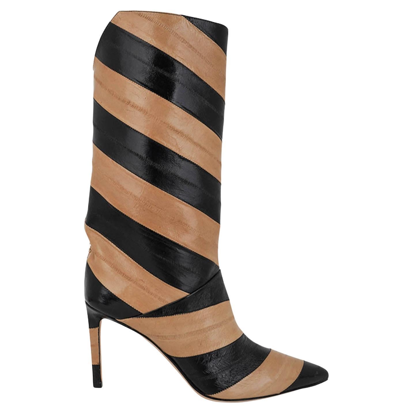 Jimmy Choo Beren Boot Eel Skin Striped Black and Cognac 38 For Sale