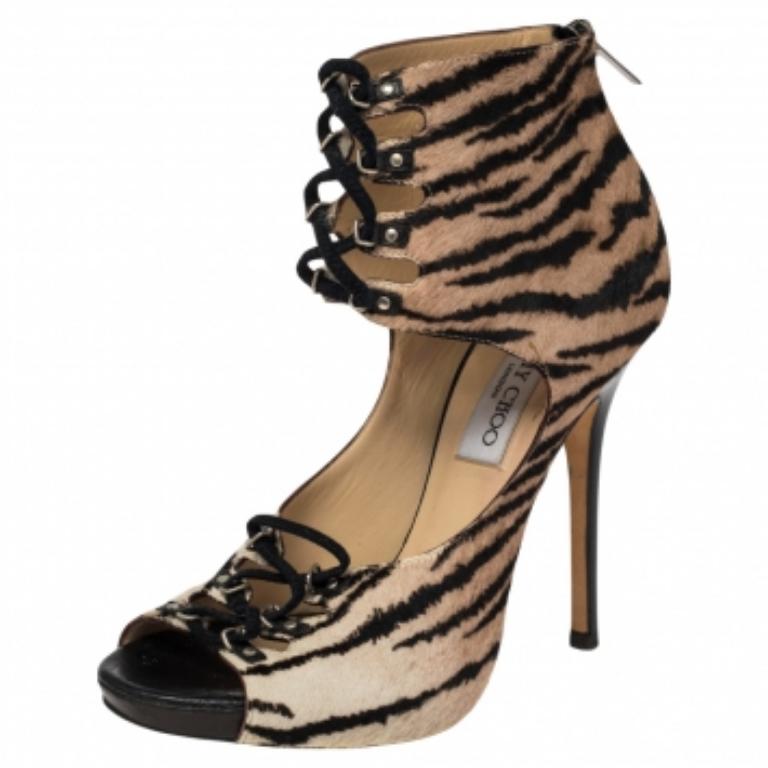 Jimmy Choo - Sandales à lacets en poils de veau noir/beige à imprimé zébré - Taille 38,5 Pour femmes 
