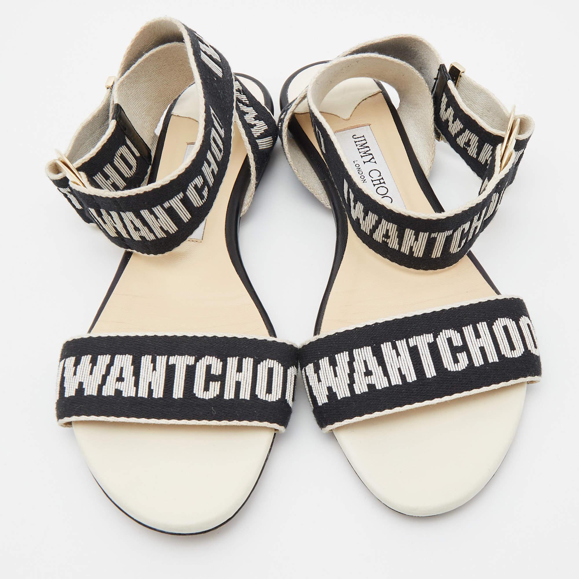 Jimmy Choo Black/Beige  Canvas Breanne Flat Sandals Size 37 In Good Condition In Dubai, Al Qouz 2