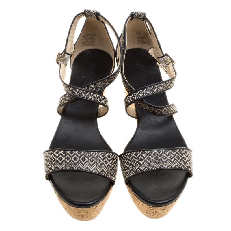 Jimmy Choo Black/Beige Fabric Portia Cork Wedge Cross Strap Sandals Size 42 In New Condition In Dubai, Al Qouz 2