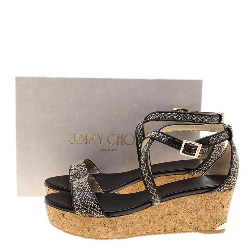 Jimmy Choo Black/Beige Fabric Portia Cork Wedge Cross Strap Sandals Size 42 4