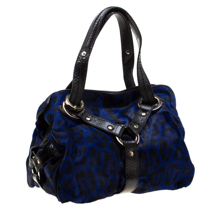 Women's Jimmy Choo Black/Blue Leopard Print Calfhair and Leather Odette Bag