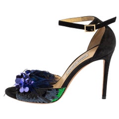 Jimmy Choo Black/Blue Suede And Feather Annie Embellished Sandals Size 39