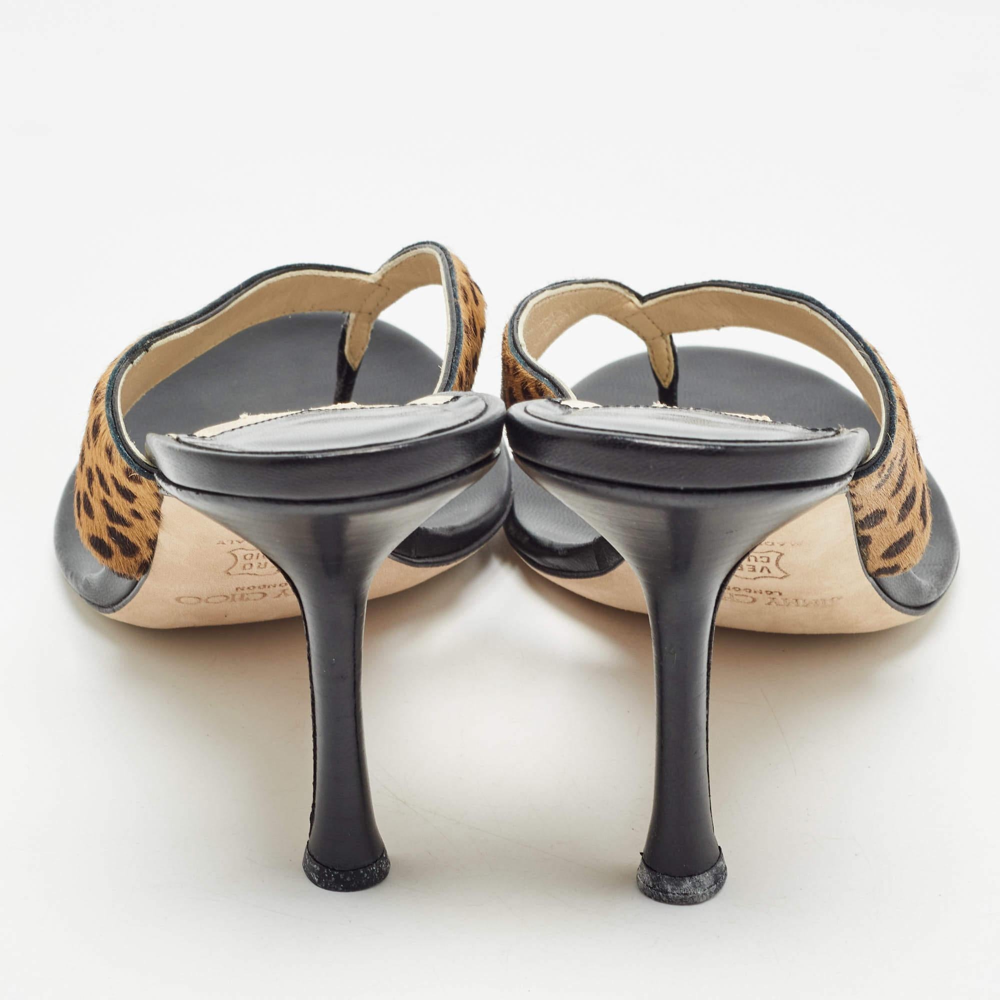 Jimmy Choo Black/Brown Calf Hair and Leather Slide Sandals Size 39.5 1