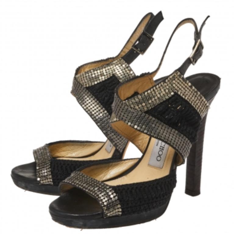 Nero Jimmy Choo Sandali Peep Toe Slingback in maglia nera e tessuto misura 36 in vendita