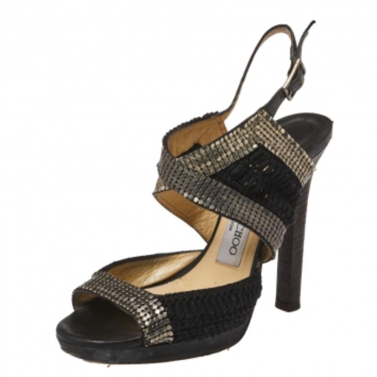 Jimmy Choo Sandali Peep Toe Slingback in maglia nera e tessuto misura 36 In condizioni discrete in vendita a Dubai, Al Qouz 2