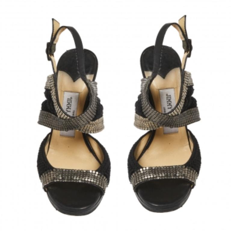 Donna Jimmy Choo Sandali Peep Toe Slingback in maglia nera e tessuto misura 36 in vendita