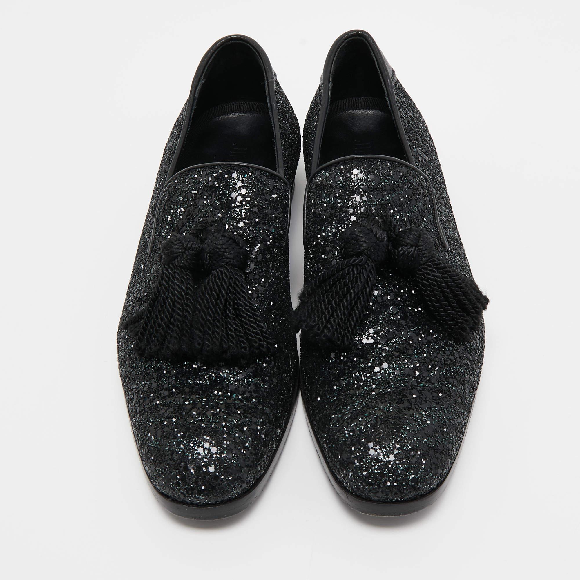 Jimmy Choo Black Coarse Glitter Foxley Smoking Slippers Size 39 In Good Condition For Sale In Dubai, Al Qouz 2