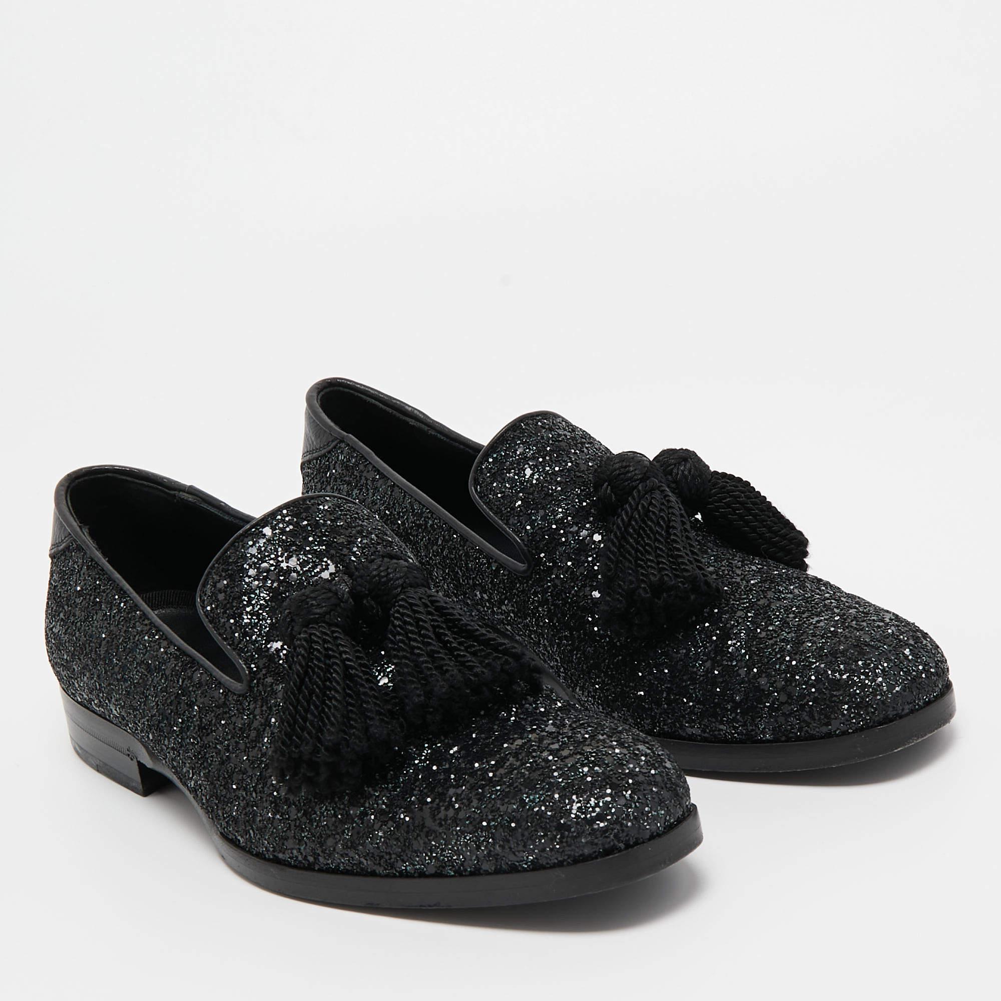 Men's Jimmy Choo Black Coarse Glitter Foxley Smoking Slippers Size 39 For Sale