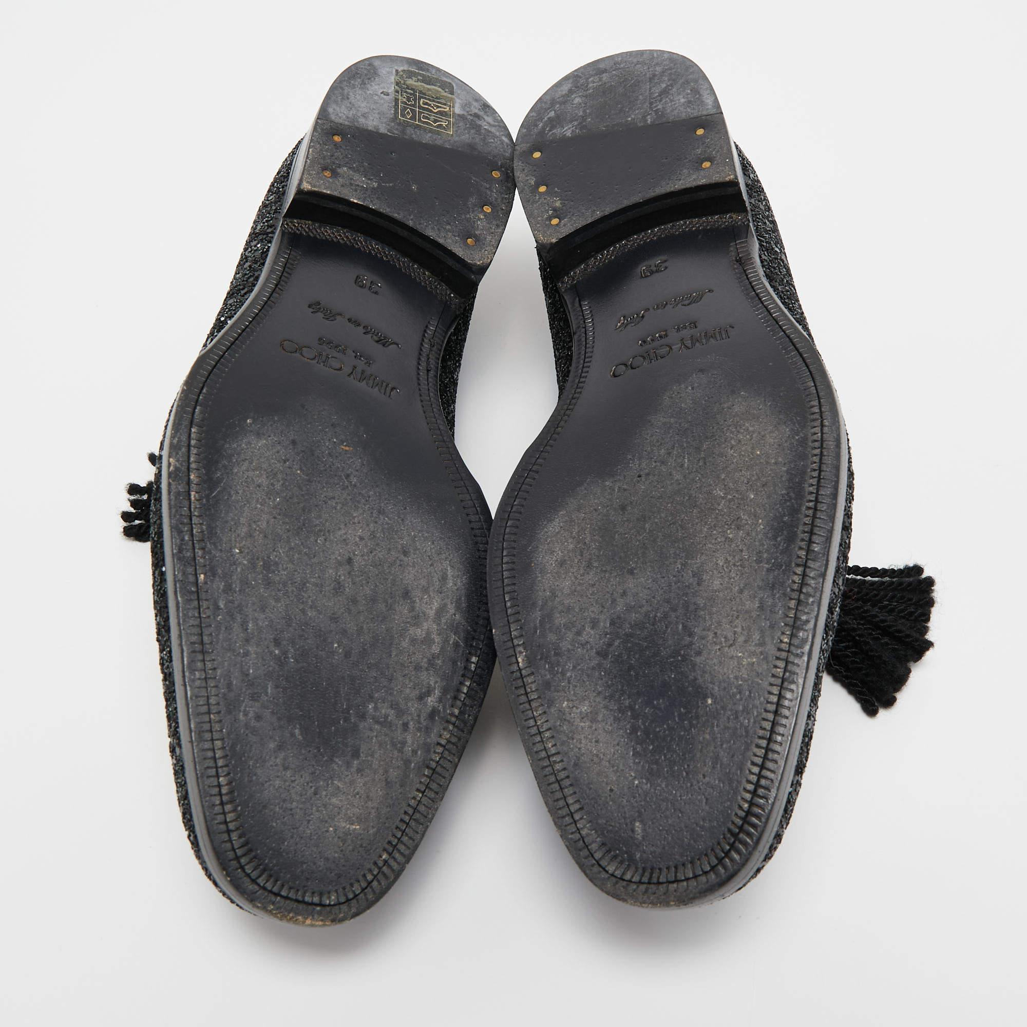 Jimmy Choo Black Coarse Glitter Foxley Smoking Slippers Size 39 For Sale 2