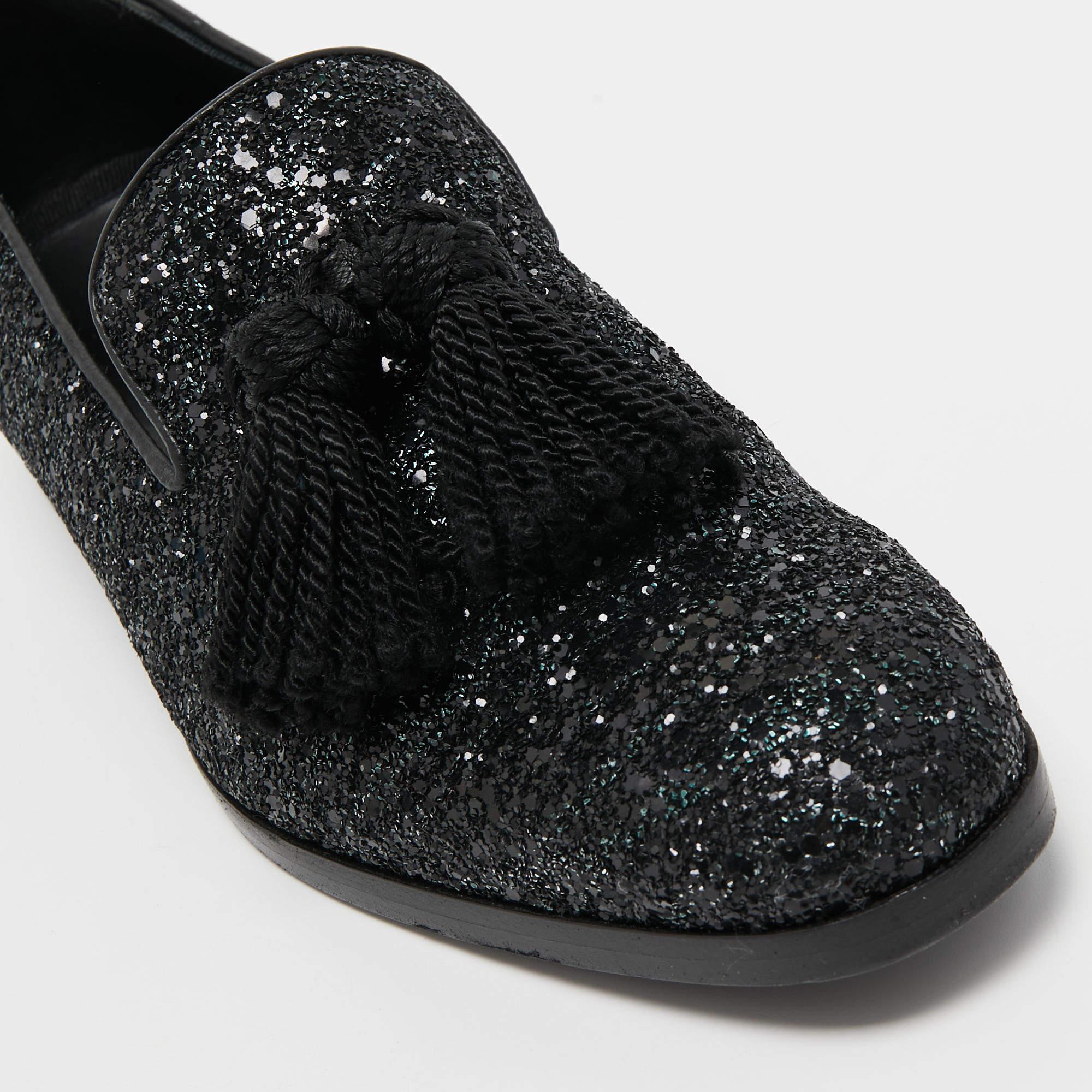 Jimmy Choo Black Coarse Glitter Foxley Smoking Slippers Size 39 For Sale 3