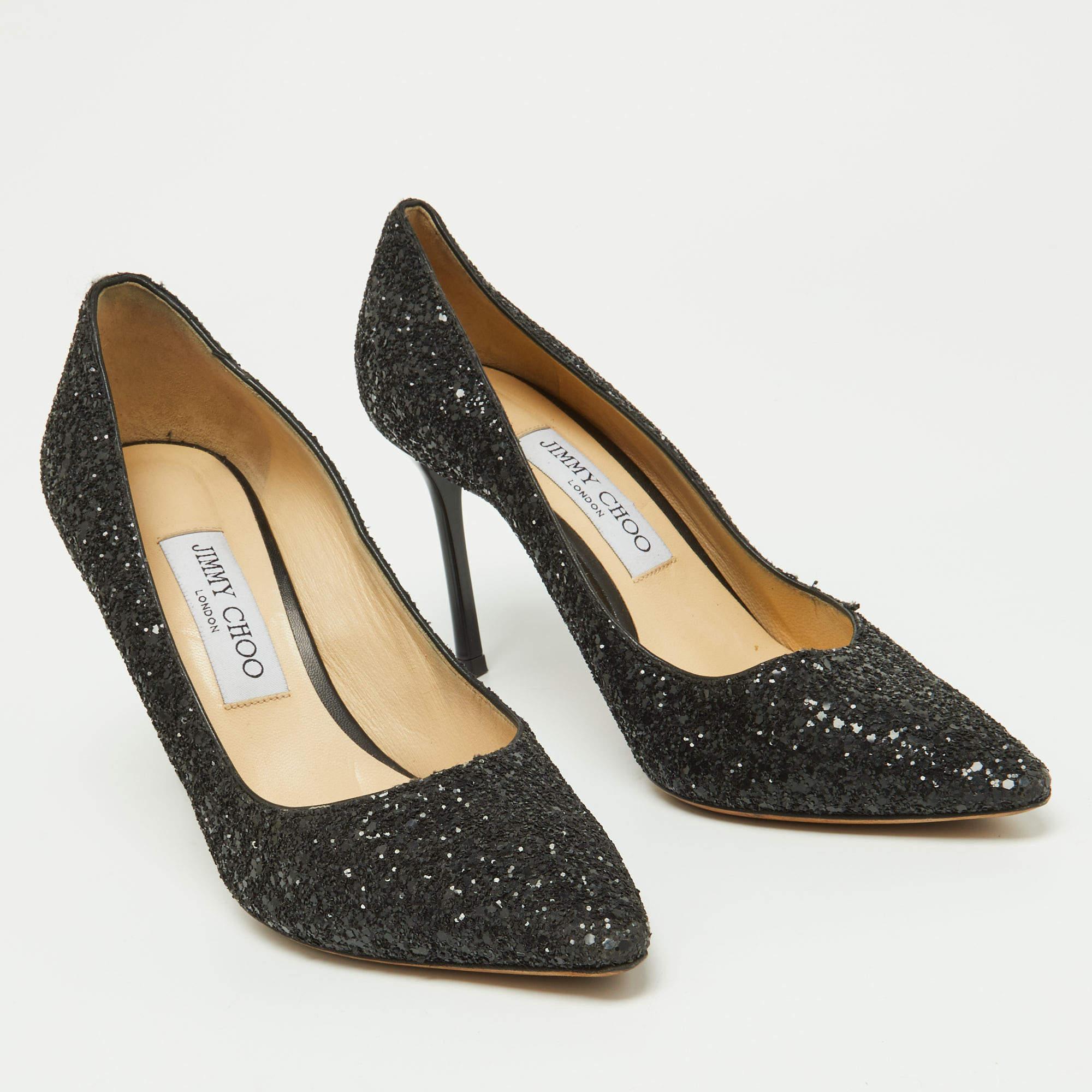 Women's Jimmy Choo Black Coarse Glitter Romy Pumps Size 38