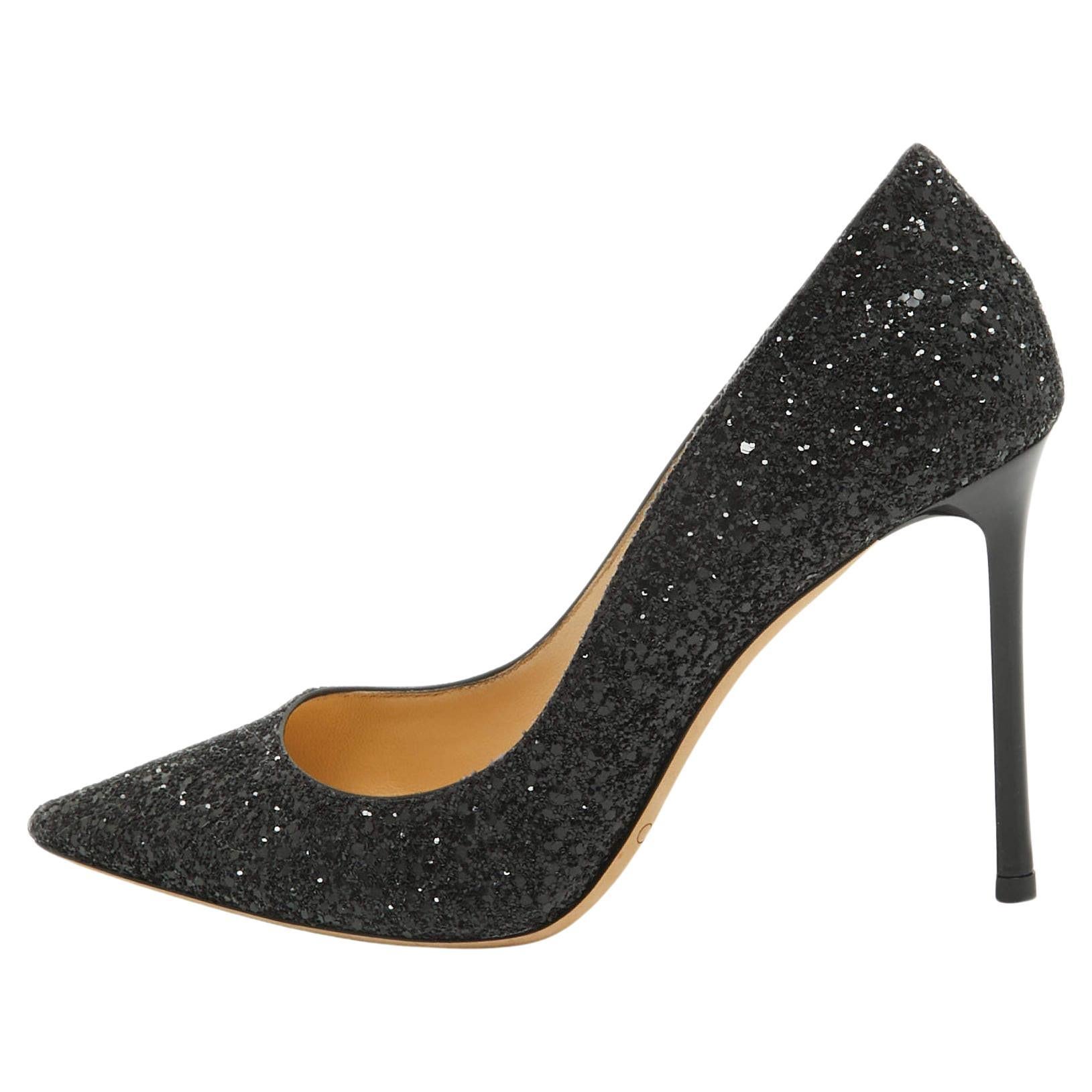 Jimmy Choo Black Coarse Glitter Romy Pumps Size 38 For Sale