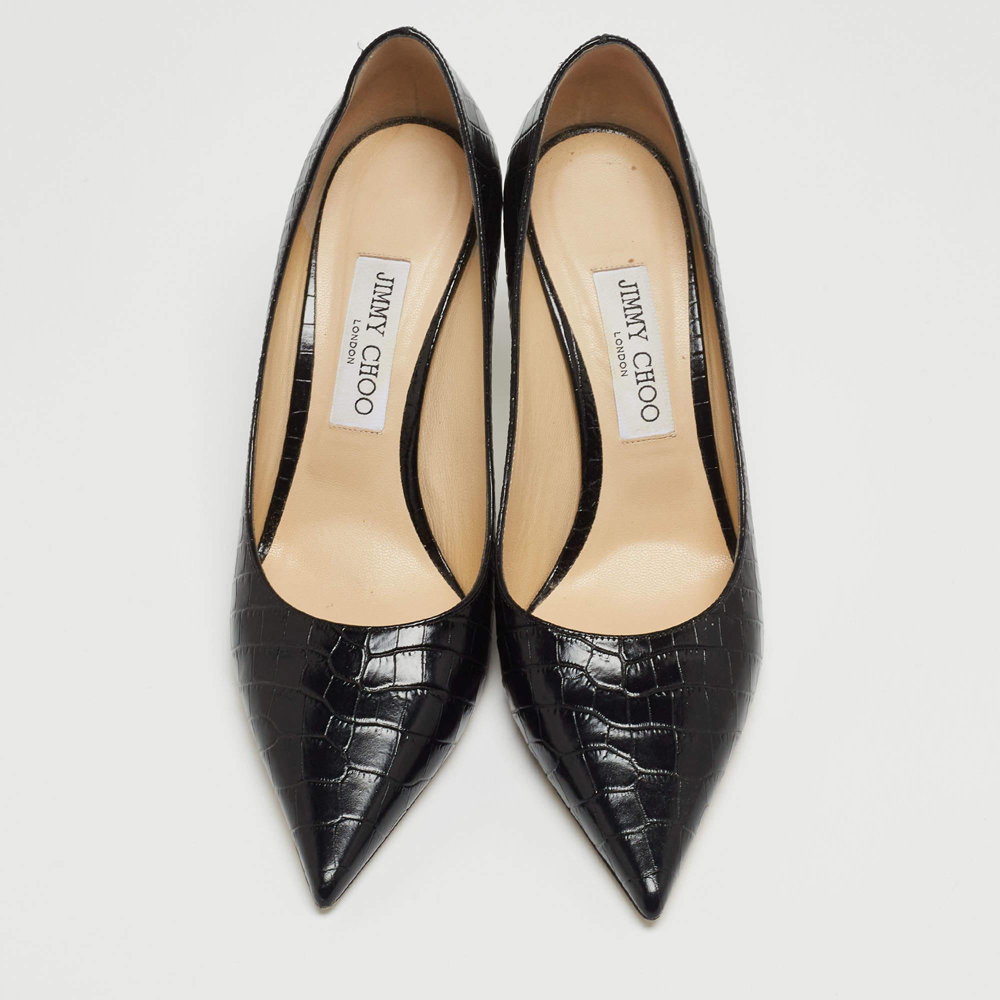 Jimmy Choo Black Croc Embossed Leather Love 85 Pointed Toe Pumps Size 39.5 In Good Condition In Dubai, Al Qouz 2