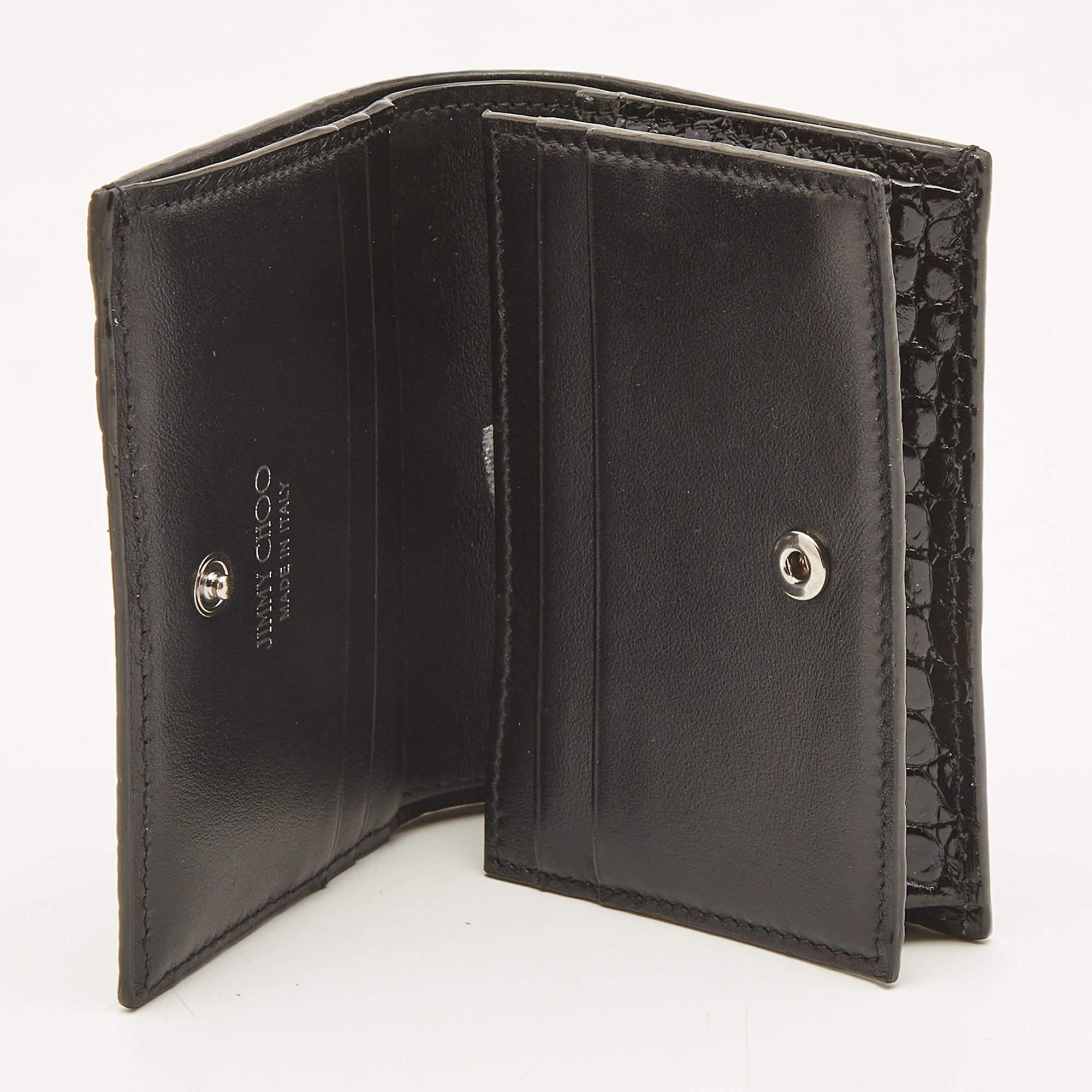Jimmy Choo Black Croc Embossed Shine Leather Hanne Compact Wallet 6