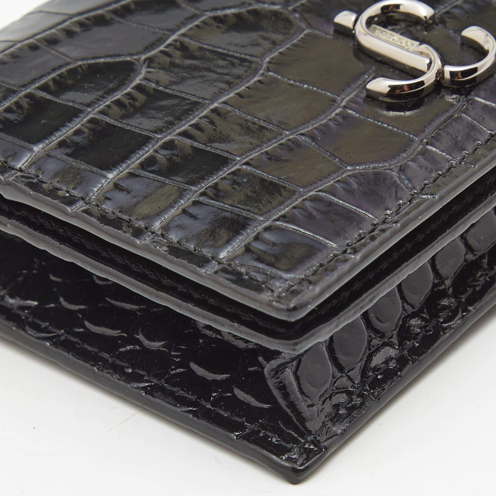 Jimmy Choo Black Croc Embossed Shine Leather Hanne Compact Wallet 7