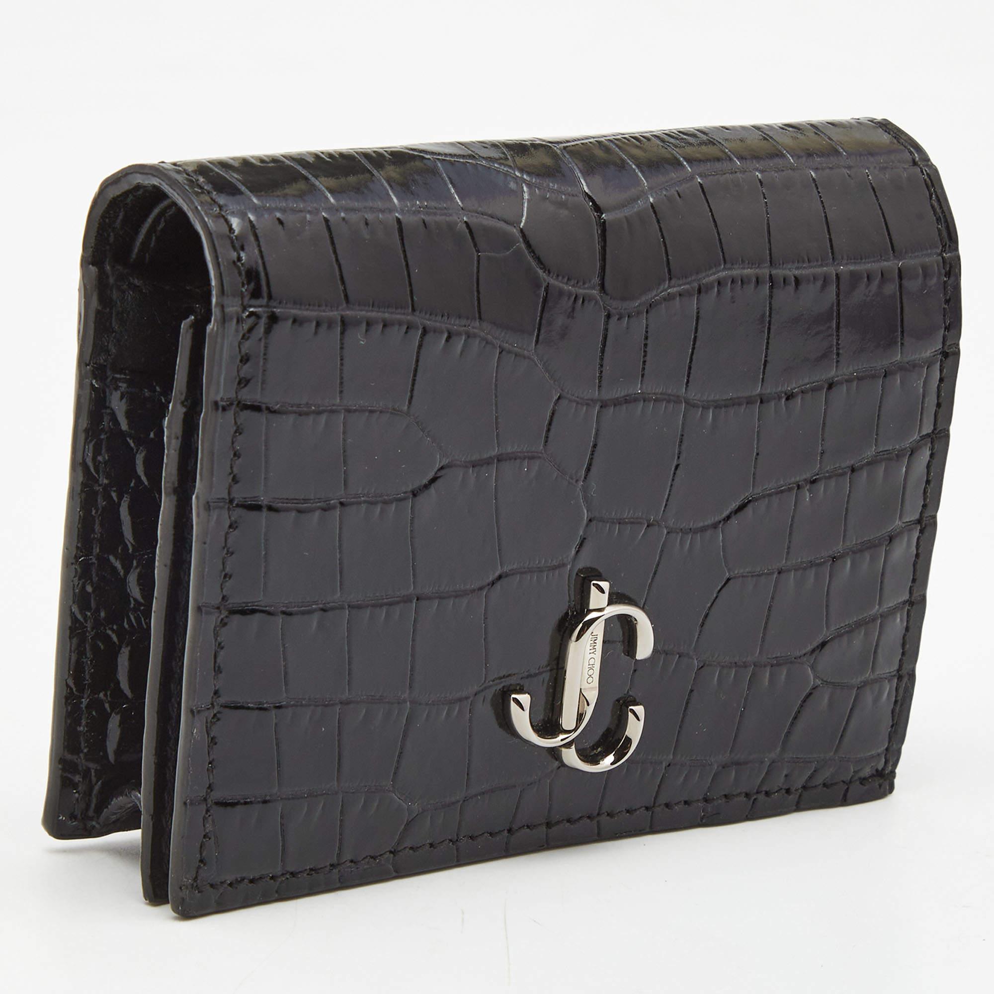 Jimmy Choo Black Croc Embossed Shine Leather Hanne Compact Wallet In New Condition In Dubai, Al Qouz 2