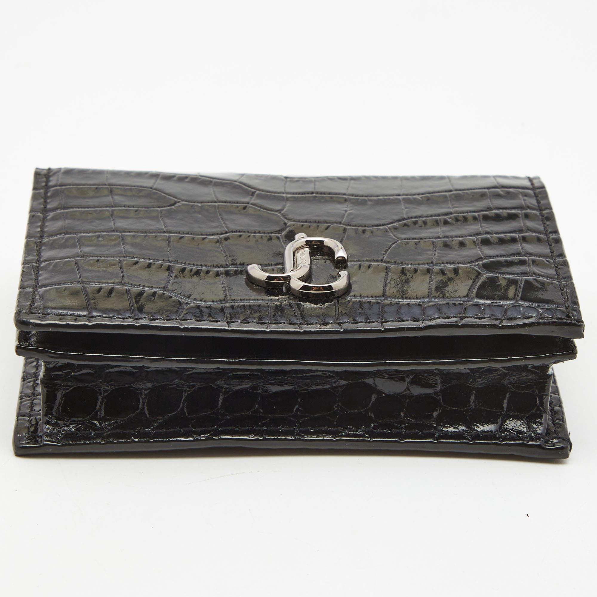 Women's or Men's Jimmy Choo Black Croc Embossed Shine Leather Hanne Compact Wallet